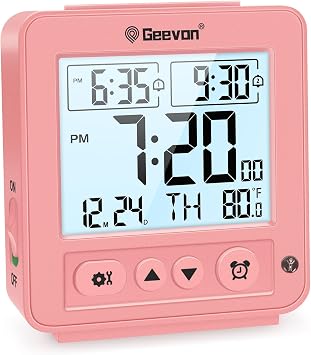 Geevon Smart Night Light Small Digital Alarm Clock with 2 Increasing Beep Alarm, Indoor Temperature, Battery Operated Travel Clock for Bedroom, Bedside, DeskPink