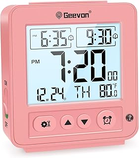 Geevon Smart Night Light Small Digital Alarm Clock with 2 Increasing Beep Alarm, Indoor Temperature, Battery Operated Travel Clock for Bedroom, Bedside, Desk(Pink)