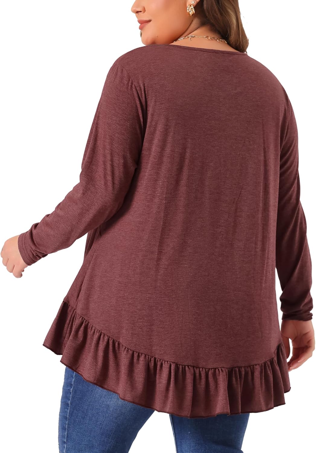 Agnes Orinda Plus Size Tunic Tops for Women Button Henley V Neck Long Sleeve Ruffled Hem Swing Flowy Blouses - Image 4