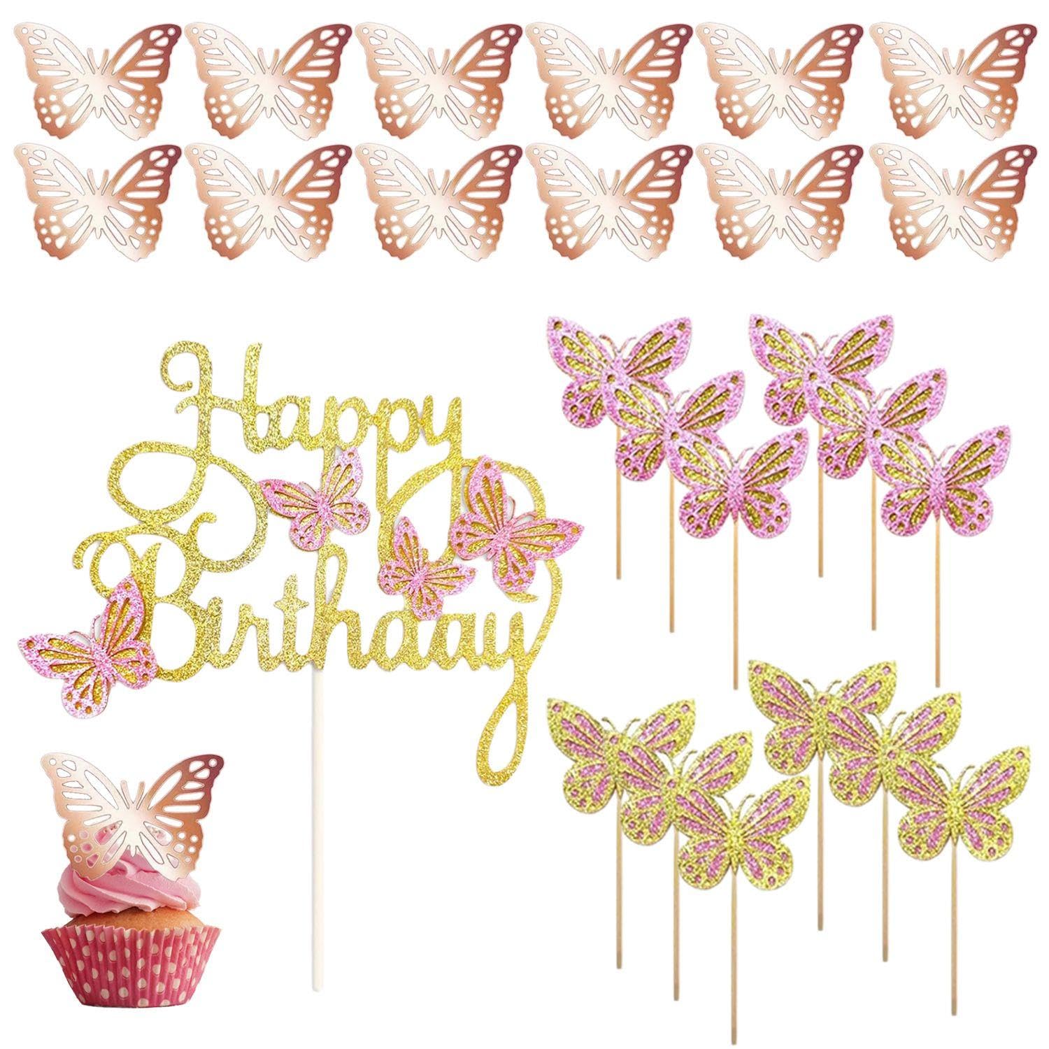 Eowvisn Girls Pink 13 Pieces Butterfly Cake Inserts, 12 Pieces Hollow Butterfly Inserts, Birthday Decoration Butterflies, Party Decoration Inserts, Dessert Baking Inserts, Cupcake Inserts