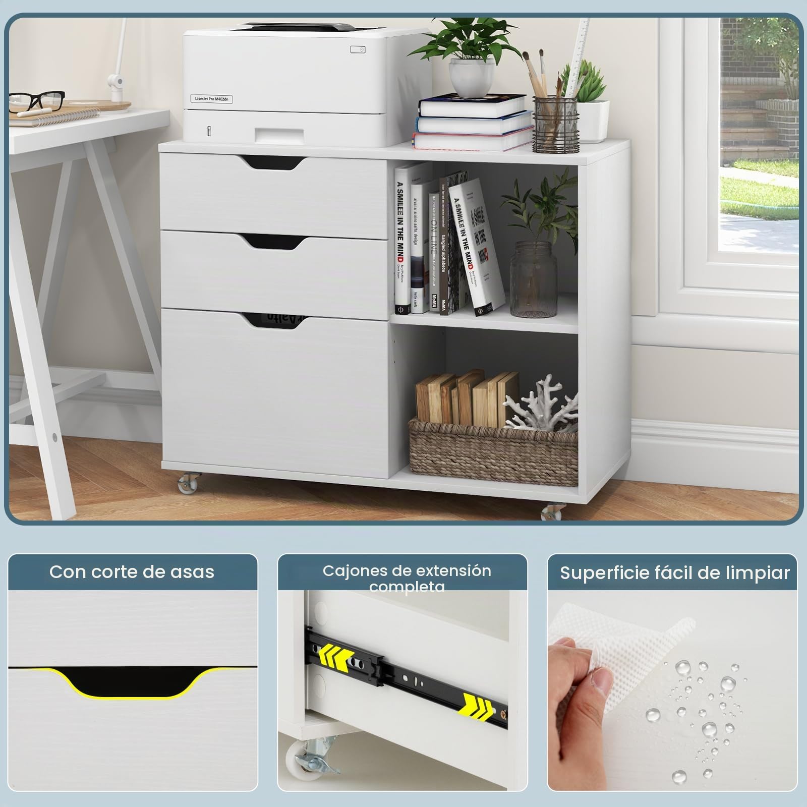KOMFOTTEU Armario Archivador Móvil con Ruedas, Mueble Auxiliar con 2 Compartimentos, 3 Cajones para Archivos Carta, A4, Legal, Soporte para Impresora con Estante Ajustable para Oficina (Blanco)