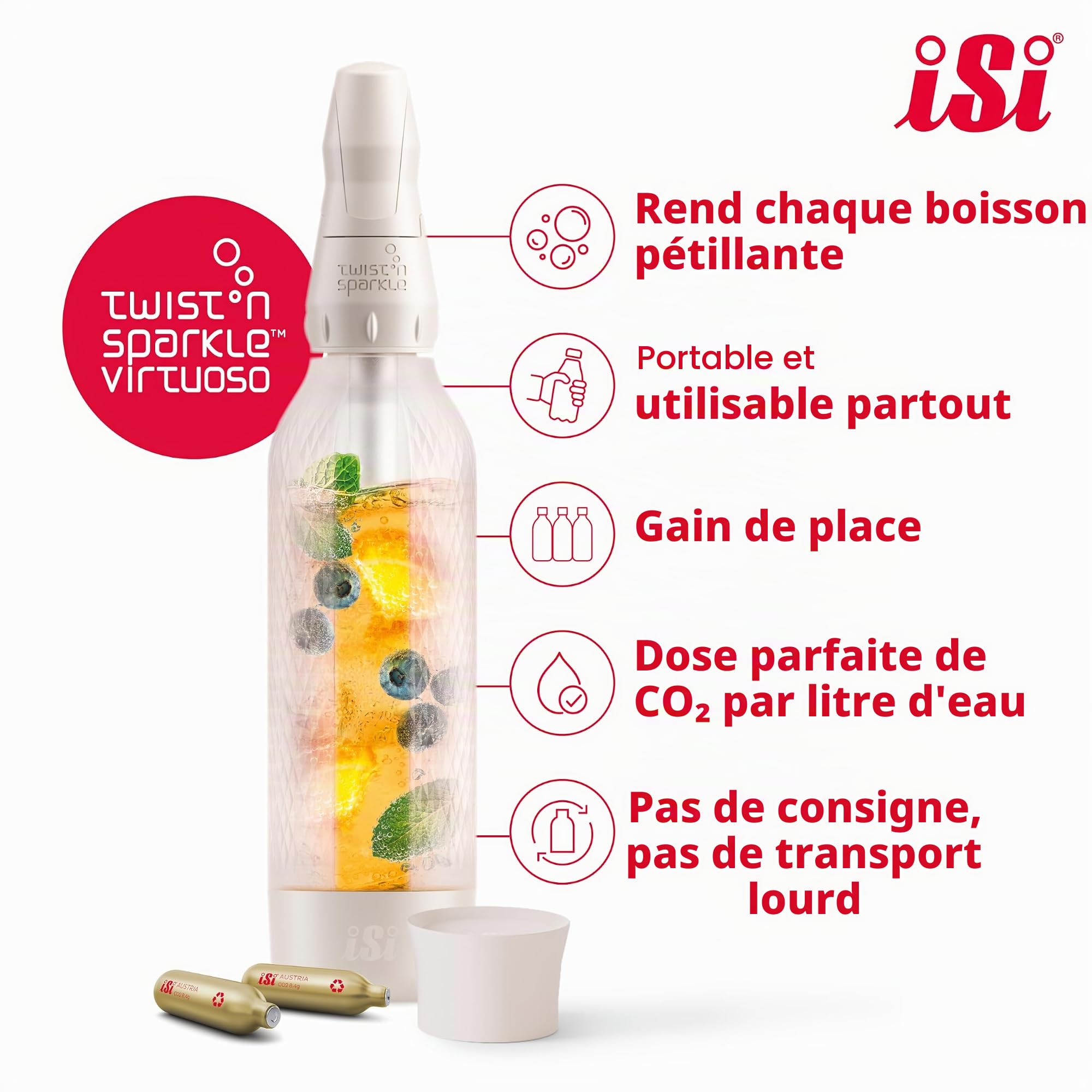 iSi Twist'n Sparkle Virtuoso Machine à gazéifier 0,95 l – Machine à soda pour eau pétillante, jus et cocktails – Machine à gazéifier et à soda avec housse en silicone antidérapante – Machine à eau