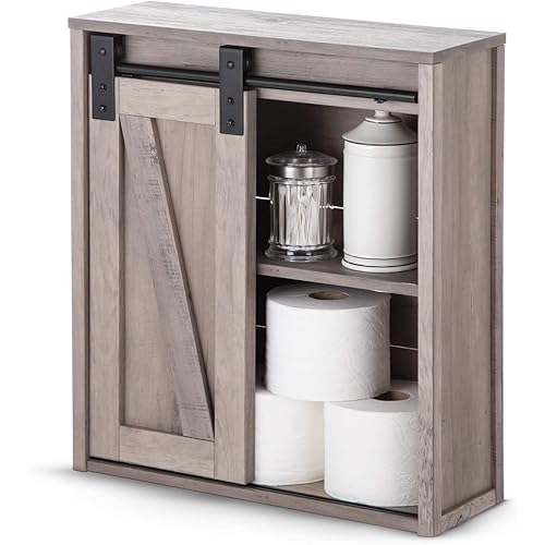 Landia Home Bathroom Wall Cabinet - Farmhouse Designed Organization with Sliding Barn Door