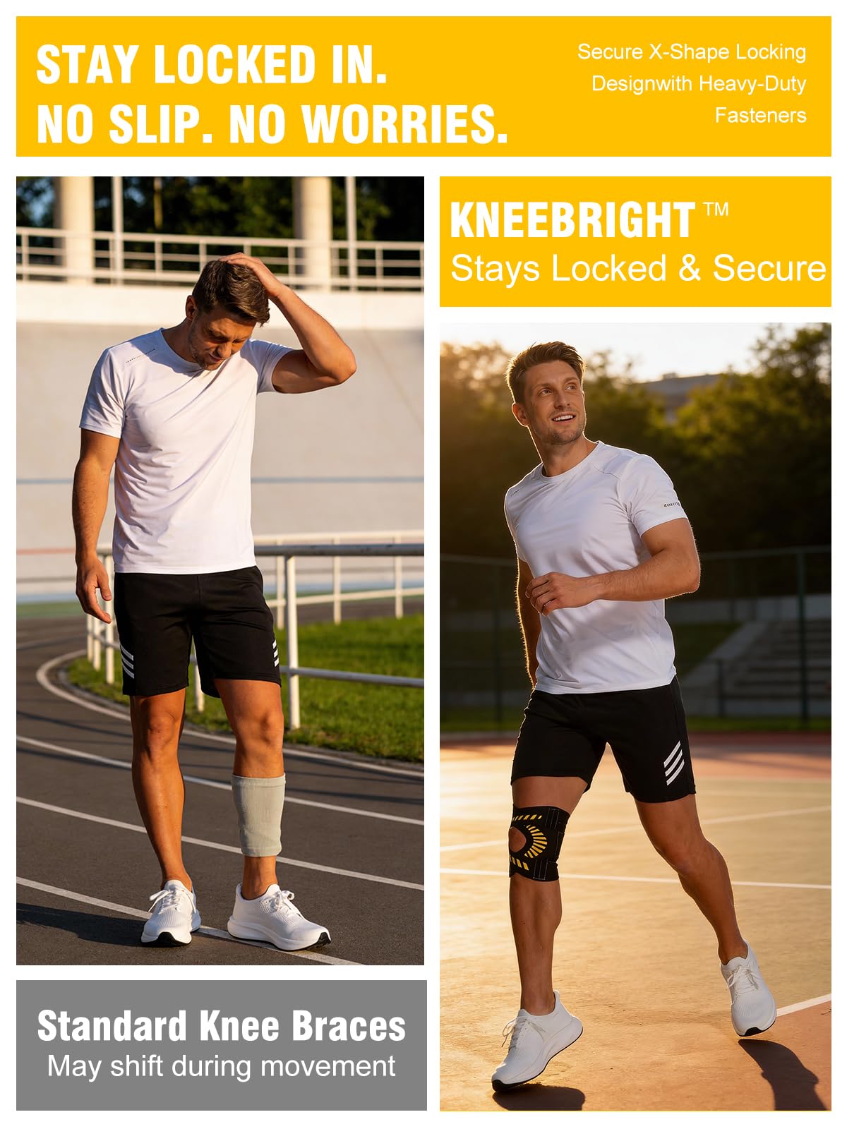Quick-Wrap – Lot de 2 genouillères réglables pour homme et femme avec 4 stabilisateurs à ressort en métal, rotule ouverte, sangles en X, compression respirante pour la course, la gym, le