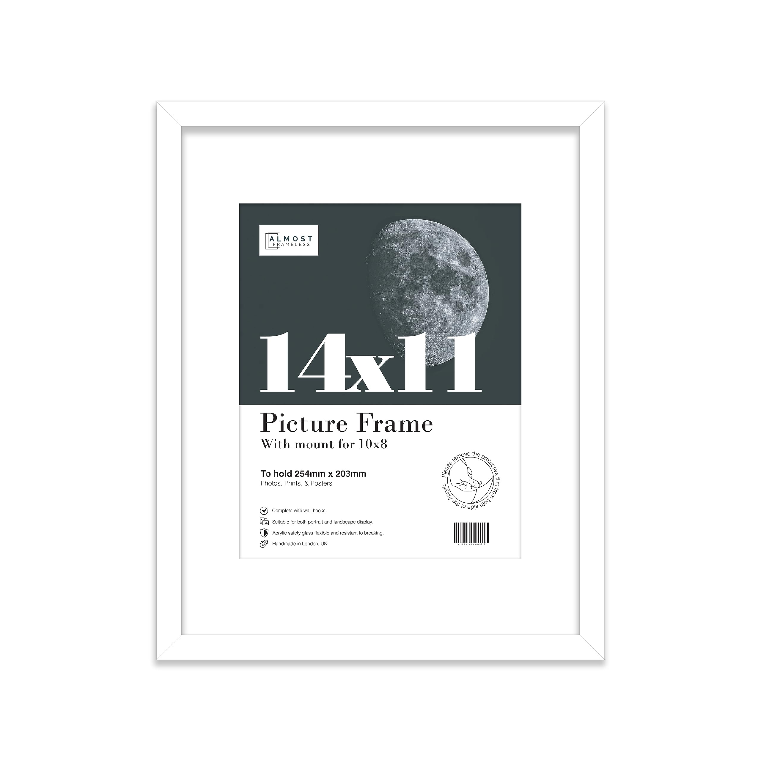 Almost Frameless 14x11 White Picture Frame With Mount for 10x8 Print, Poster or Photo Poster, Photo, Artwork, or Print. Thin Edge Slim Frame Portrait and Landscape Display with Wall Hooks