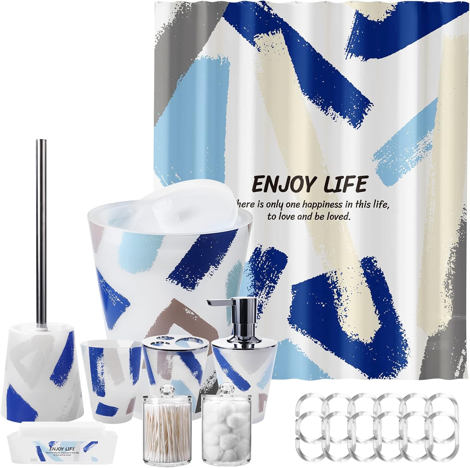 Blue and White Bathroom Accessories Set with Geometric