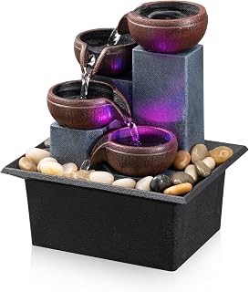 AMOOTEK 4-Tier Tabletop Waterfall Fountain with LED Lights & Natural Rocks - Relaxing Indoor Meditation Feature for Home Office Bedroom