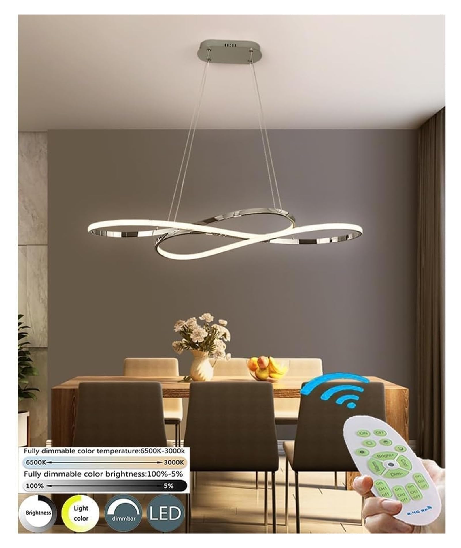 Lampy wiszące, nowoczesne żyrandole pierścieniowe z diodą LED, długa chromowana liniowa oprawa sufitowa kompatybilna ze stołem jadalnym, salonem i wyspą kuchenną (ciemna) w