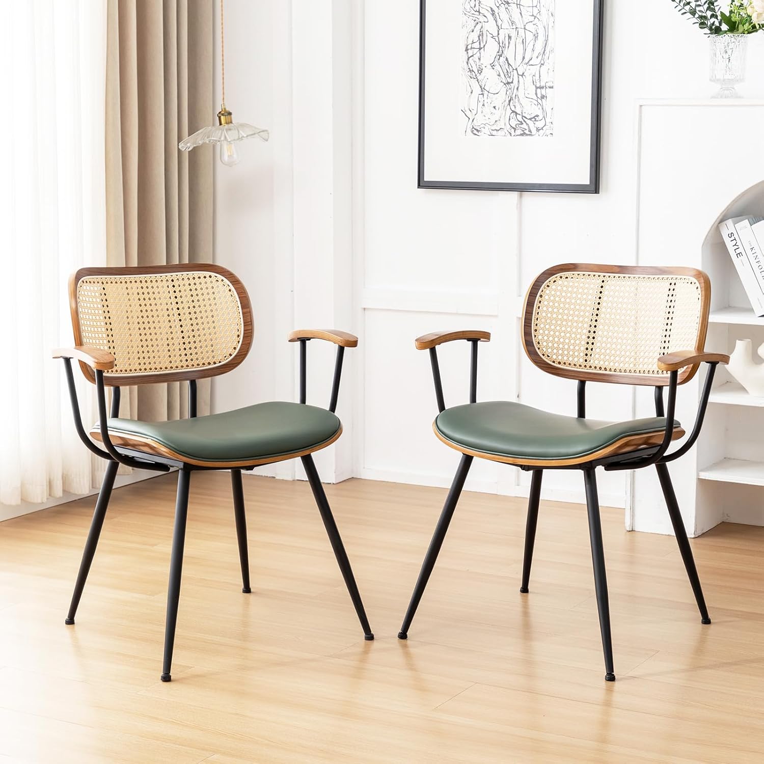 Rattan Dining Room Chairs Set of 2,Mid Century Modern Kitchen Side Chairs,Metal Legs Desk Chair,Faux Leather Accent Chair with Arms and Rattan Backrest Green PU