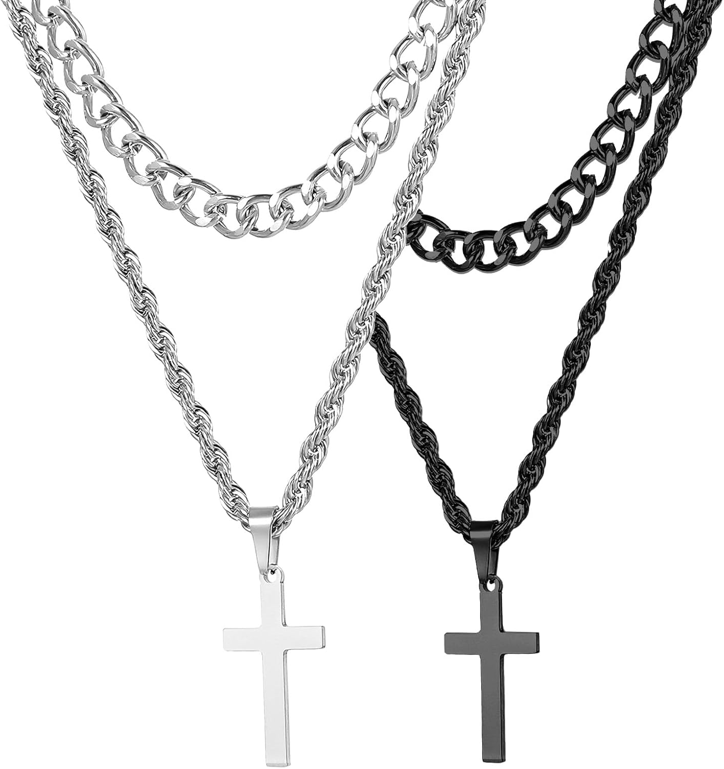 2 Pcs Stainless Steel Cross Pendant Cross Necklace for Men Layered Cuban Link Rope Chain for Mens Silver Black Jewelry Gifts Christmas - Image 4