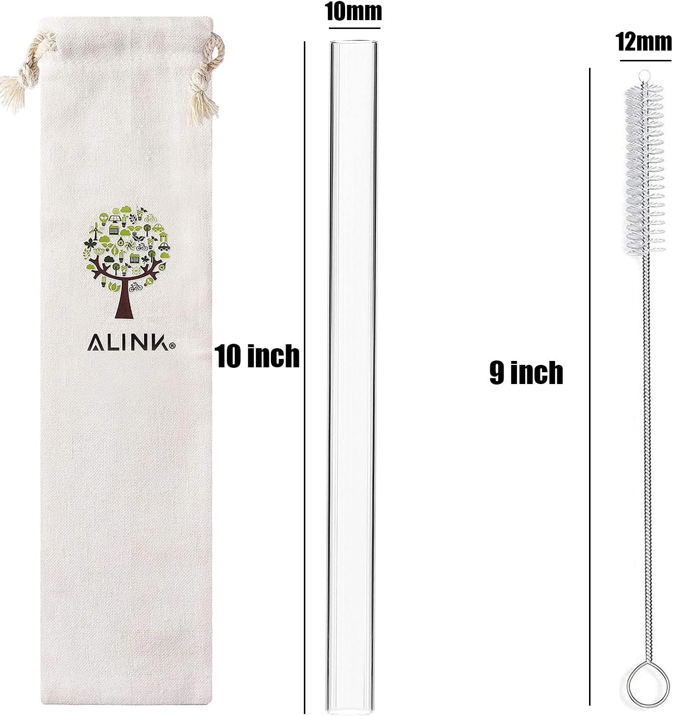 ALINK Reusable Clear Smoothie Straws, 10 in x 10 mm Jumbo Tritan Hard Plastic Drinking Straws, Individually Wrapped, Pack of 6 with Cleaning Brush and Carrying Case