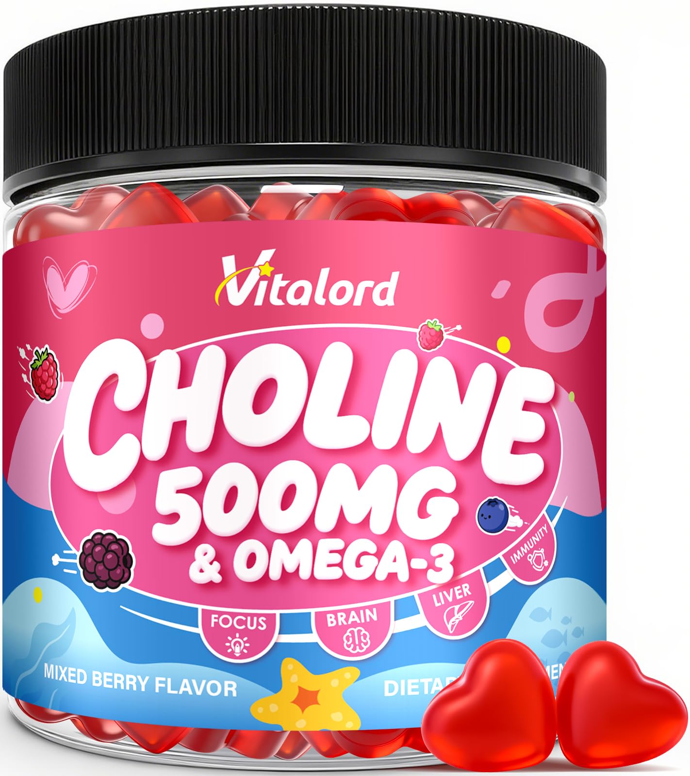 CDP Choline with Omega 3 Gummies 500mg for Kids & Women, 60 Count