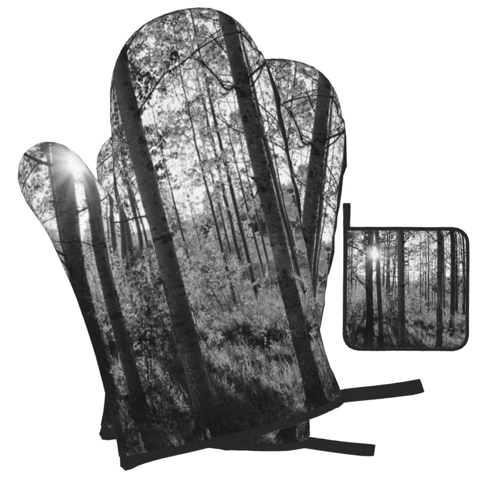 Sunlight Through Birch Trees Printed Oven Mitts and Pot Holders Heat Resistant Set of 3 Pcs, Modern Kitchen Gloves & Potholders for Cooking Baking Grilling