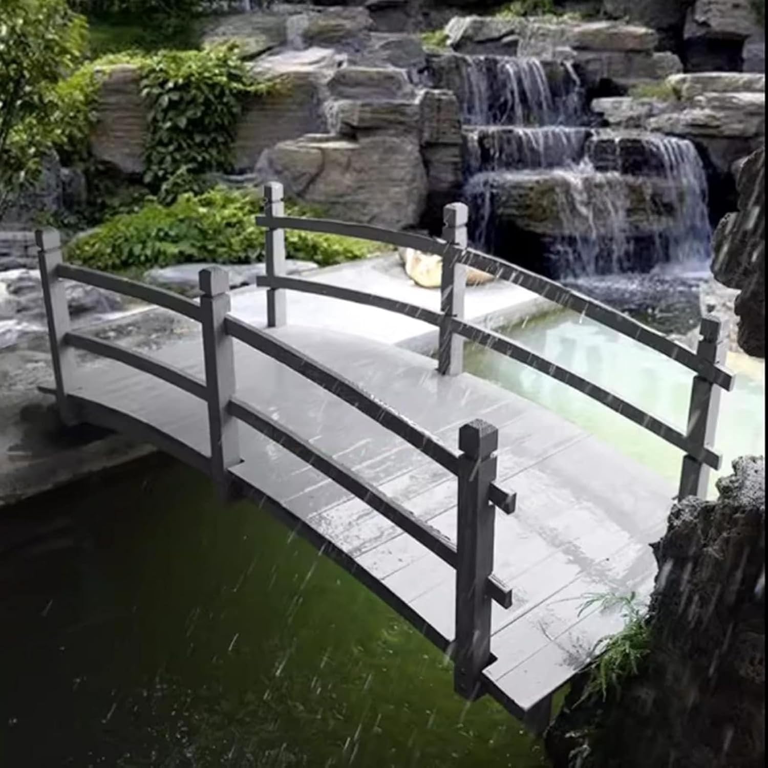 Wooden Garden Bridge Backyard Arc Footbridge with Safety Railings, Outdoor Landscaping Lawn Pond Bridge Walkway for Rustic Wedding Decor, Stained Finish(Gray,70.9x25.6x19.7inch)