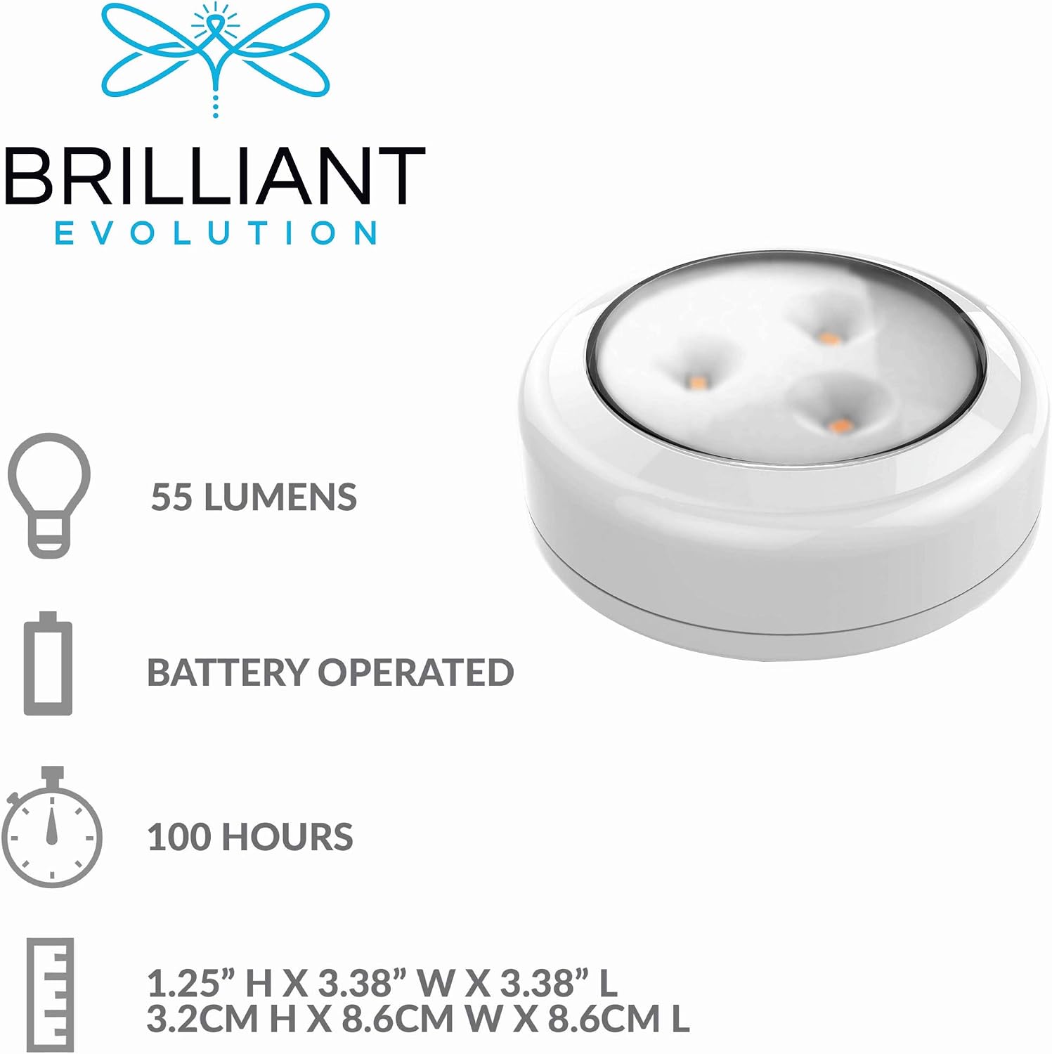 Brilliant Evolution Wireless LED Puck Light 3 Pack, LED Under Cabinet Lighting, Closet Lights, Kitchen Sink Lights, Shelf Lights, Battery Powered Lights, Stick On Push Light, Tap Lights