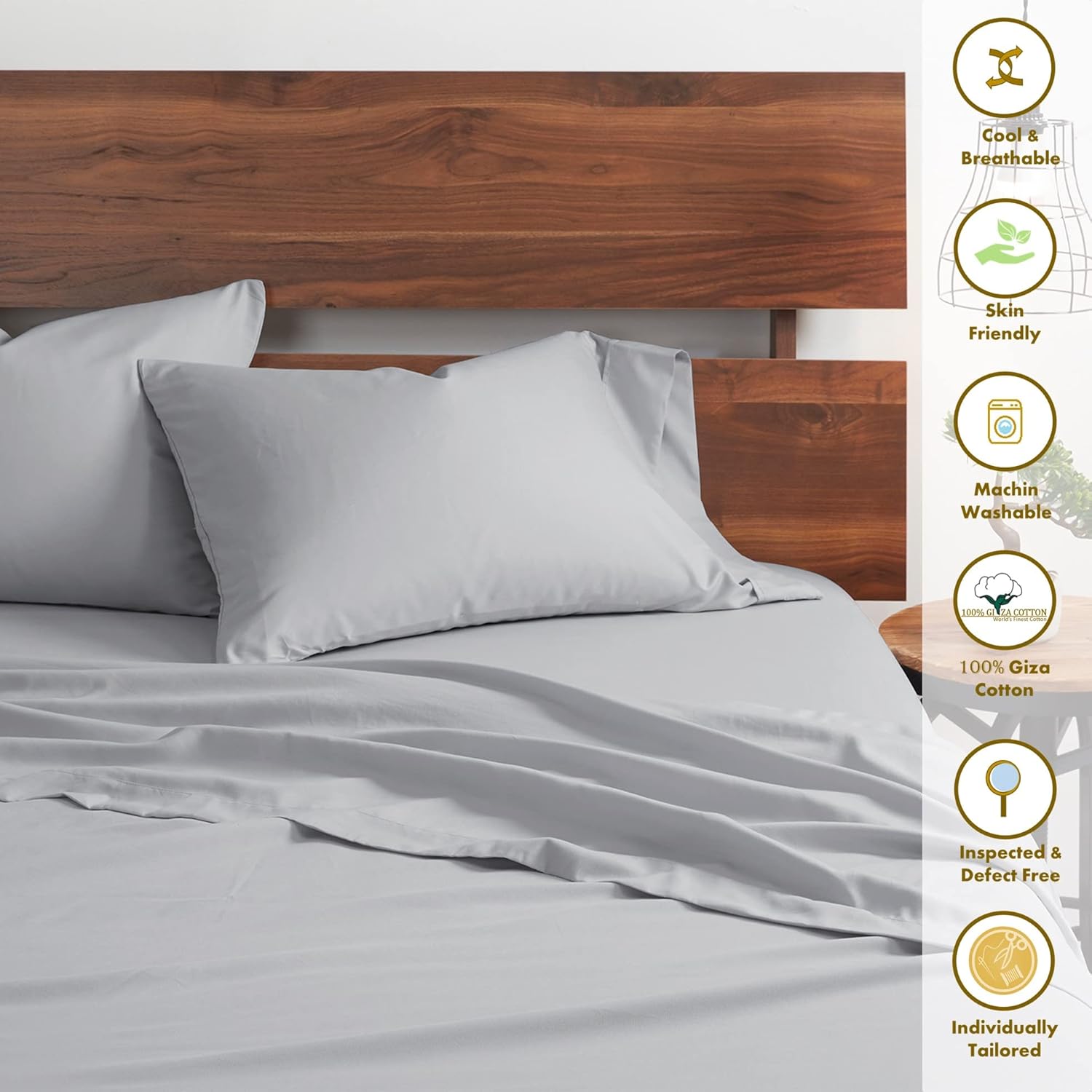 100% Giza Egyptian Queen Sheets Set - Soft Breathable Giza Sheet Set, 16" Extra Deep Pockets Fitted Sheet Fits Thick Mattress, Sateen Weave Sheet Set - Silver