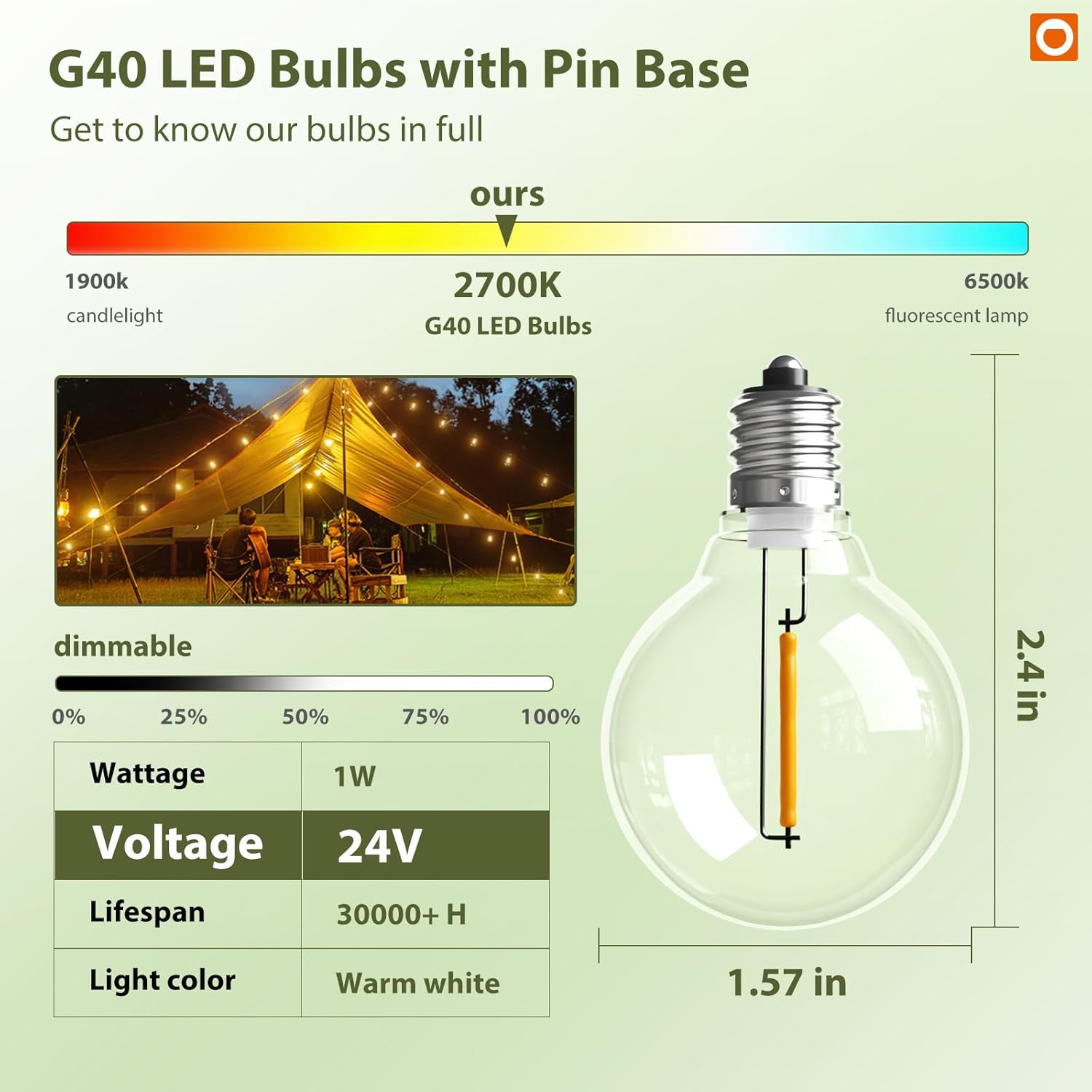 addlon 4 Pack G40 Solar Replacement Bulbs, E12 Screw Base 24V LED, Dimmable Shatterproof Bulbs Only for Solar Outdoor String Lights, 2700K Warm White