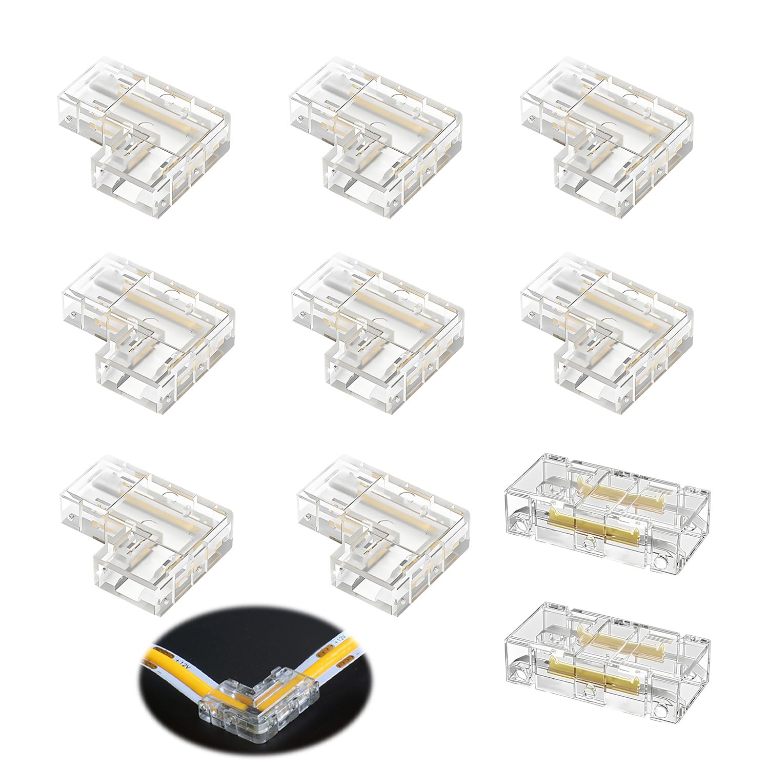10Pcs 2 Pin LED Strip Light Connectors, 8mm LED L-Shape Strip Connector Kit with 2 Pcs Solderless Gapless Strip Connector Block 8 PCS L Shape Fixed Buckle Adapters for Multicolor RGB LED Strips