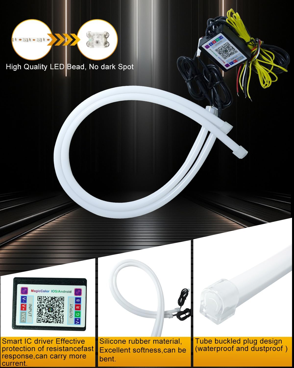 Qasim Sequential LED Strips APP Bluetooth Control RGB Multi Color Headlight 24Inch LED Daytime Running Lights Flexible DRL Tube Strip 12V 2-Pack