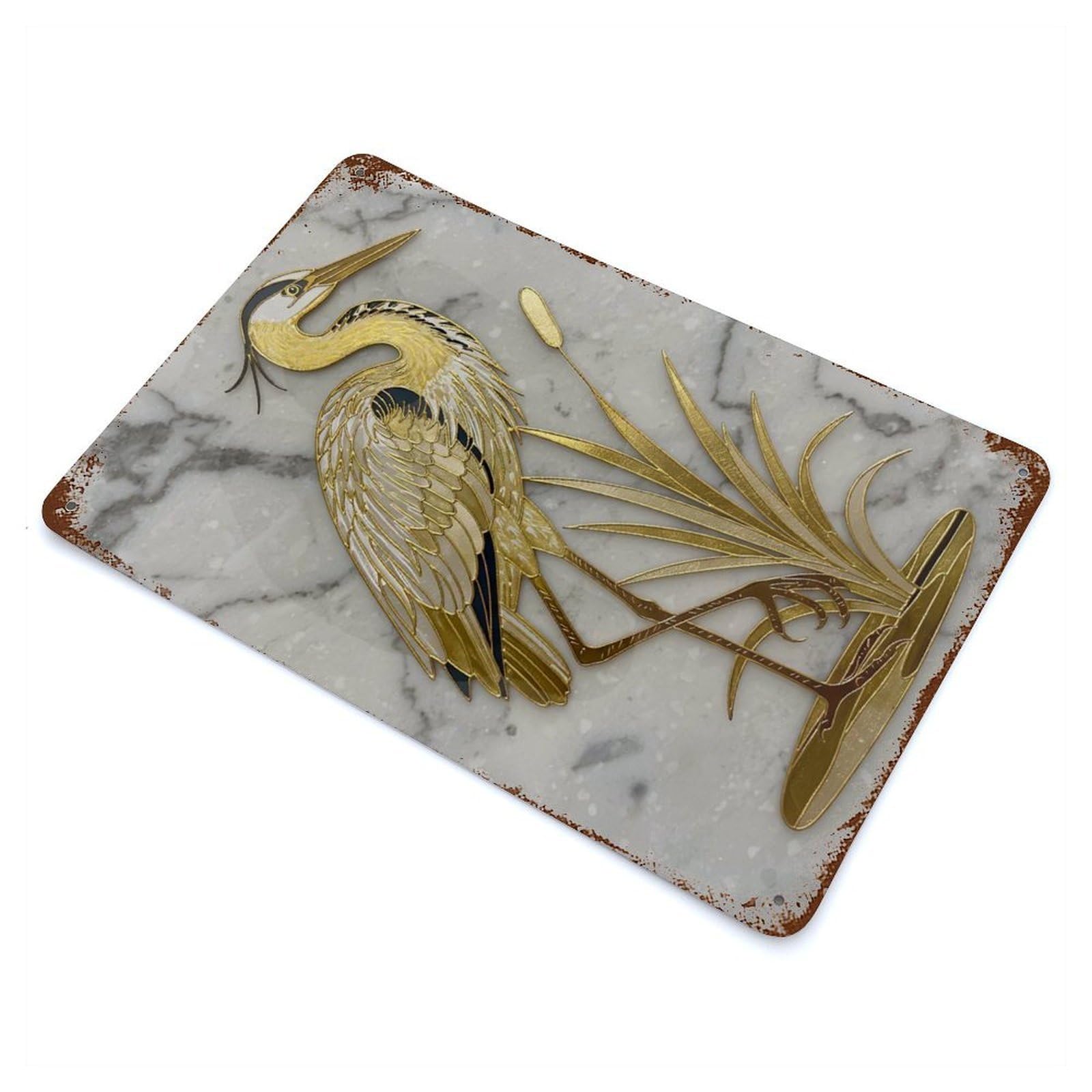 Retro Metal Sign with Elegant Golden Heron with Cattails Artwork Design 11.8"x7.9", for Living Room, Hallway And Home Decor, Farmhouse Wall Decor