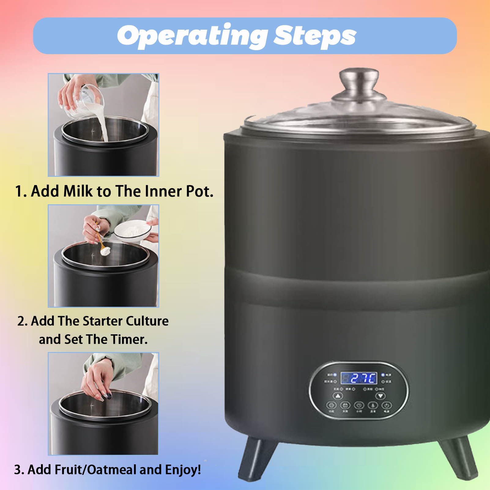 Yogurtera, Multifuncional Máquina de Yogur de 8L/12L con Gran Capacidad y Pantalla de Tiempo Yogurt Maker para la Producción de Yogur en Grandes Cantidades Black-12L