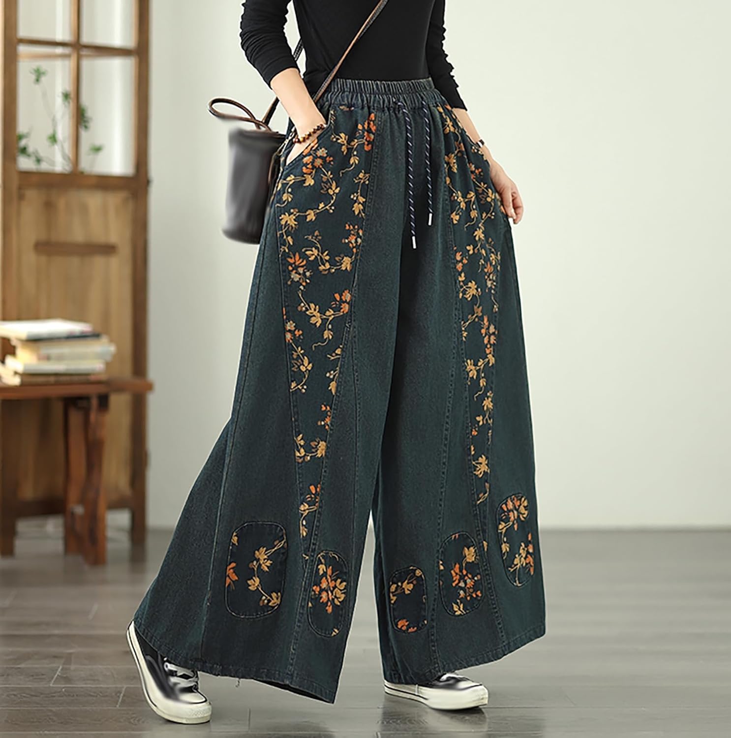 Women's Casual Loose Denim Wide Leg Baggy Jeans Drawstring High Waist Pants with Pocket
