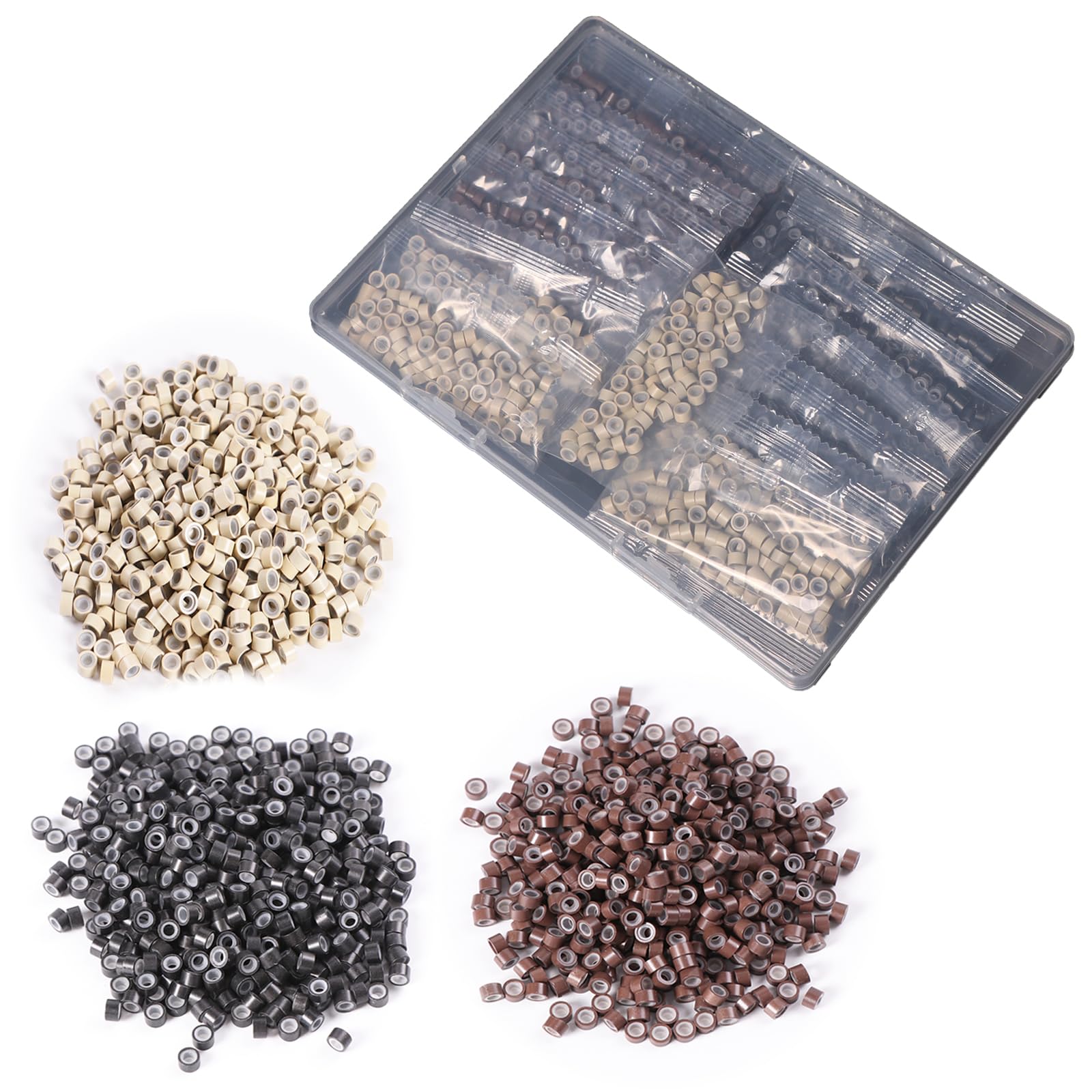 Micro Link Rings for Hair Extensions,Silicone Beads,Black/Brown/Light Blonde 1500 PCs 5mm Links for All Hair Colors,in Portable Box(500 Each)