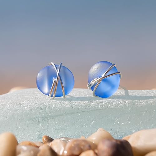 Miniatura 21 de Sea Glass Earrings S990 Sterling Silver Hypoallergenic Handmade Stud Post Earrings Beach Glass Fashion Statement Handcraft Jewelry for Women Girls
