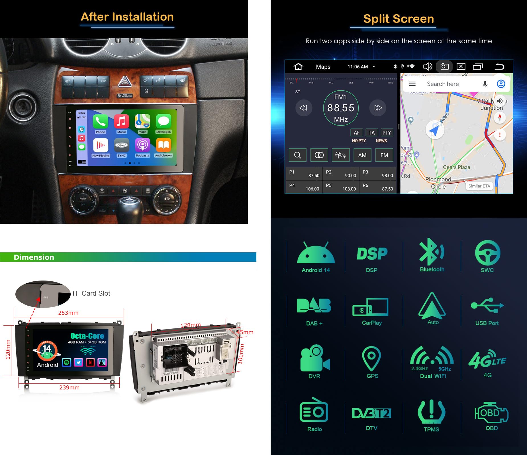 Autoradio Android 14 Pour Mercedes CLK W209 - 8 Cœurs, 6GO RAM, 128GO, CarPlay/Android Auto Sans Fil, GPS, DSP, 4G