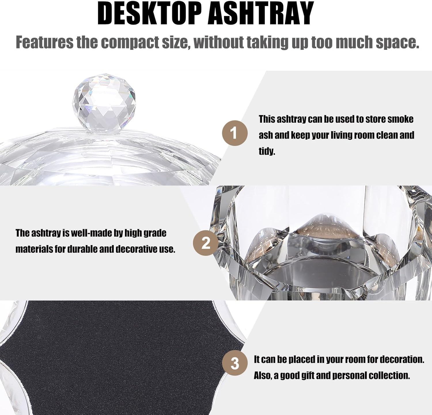 Creative Square Crystal Ashtray with Lid, Octagonal Black Gold Glass Cigarette Butt Container, Desktop Windproof Household Ashtray for Home and Office Use
