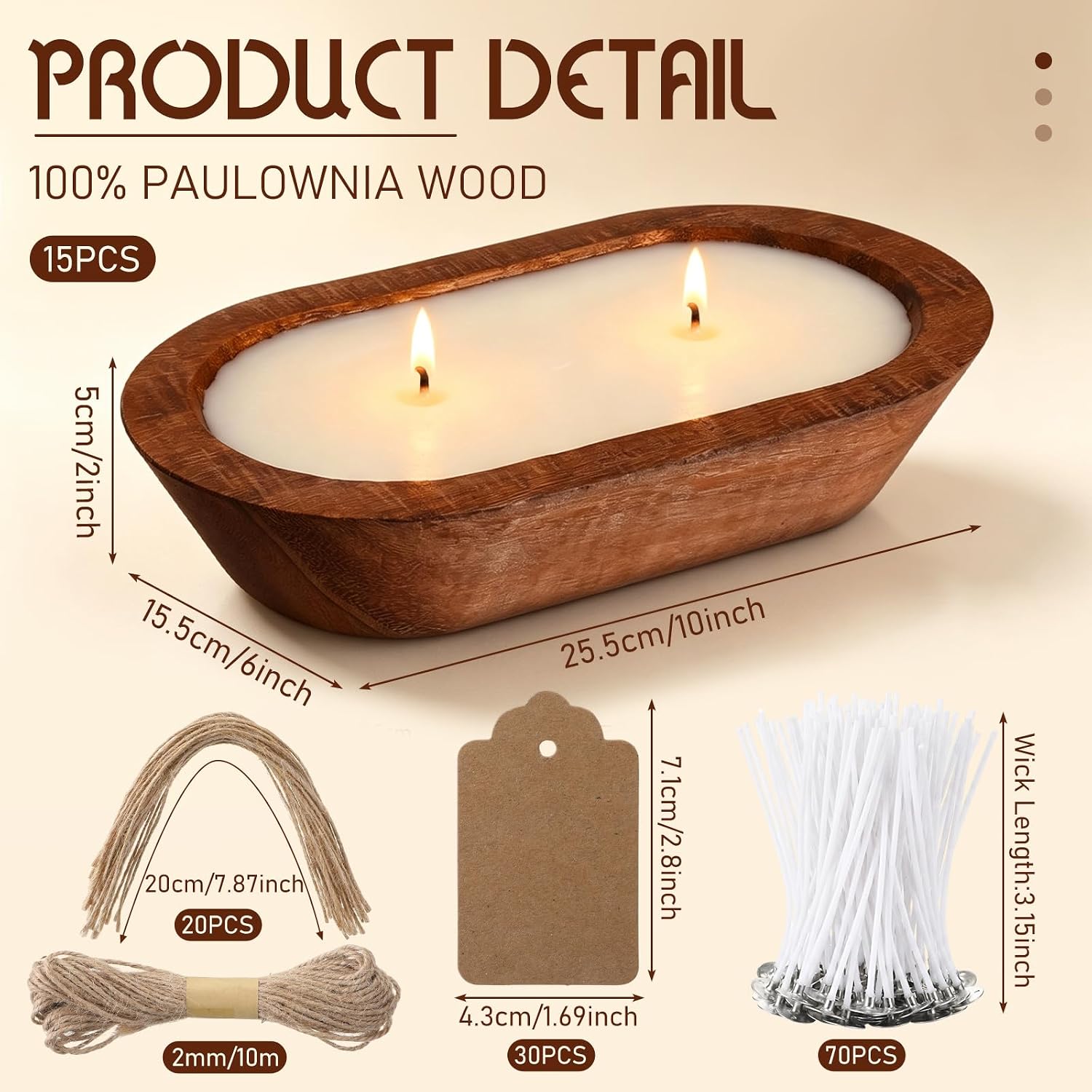 15 Set Sand Candle Bowls Wood Empty Large Decorative Dough Bowls Candle Making DIY Kit with 15 Bowl 70 Wicks 30 Tag 32.8 ft Twines for Making Craft Home Decoration Farmhouse(Without Sand)