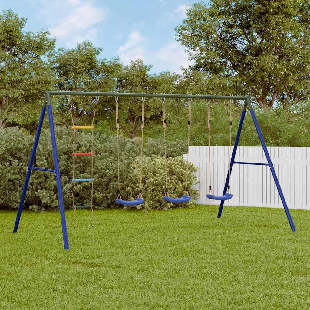 Schaukel-Set mit DREI Schaukelsitzen und Strickleiter, lackiertes Stahlgestell, 341x185x185 cm, Gartenspielzeug für Kinder 3-10 Jahre, Outdoor Spielplatz, fördert Bewegung und Motorik