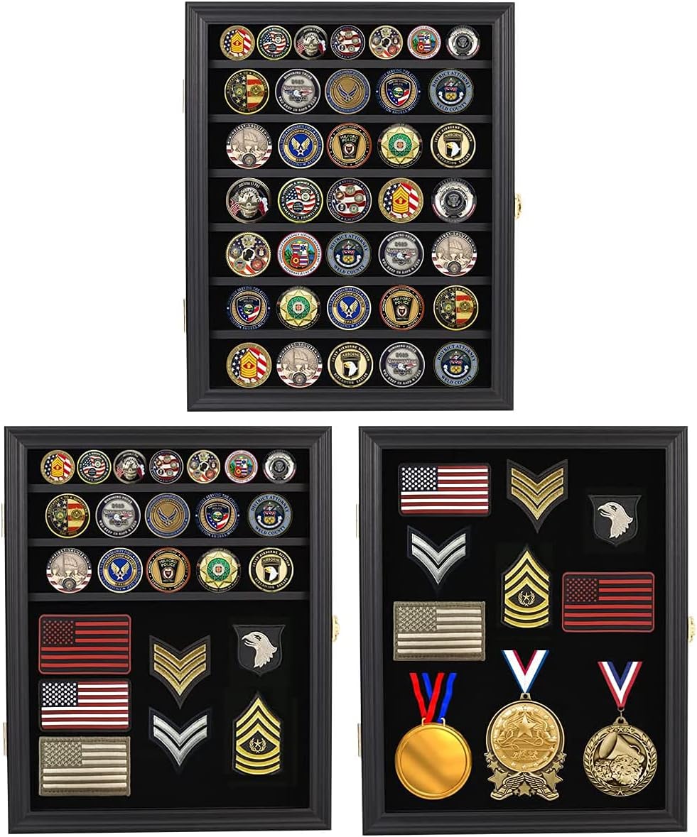 Verani Medals Display Case Wall Frame for Collector, Military Challenge Coins Holder, Pins, Lockable Shadow Box with Removable Shelves Black