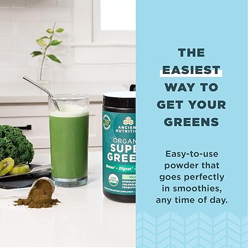 Miniatura 11 de Ancient Nutrition Super Greens - Polvo de superalimento orgánico con probióticos hecho con espirulina, clorella, matcha y enzimas digestivas, 50