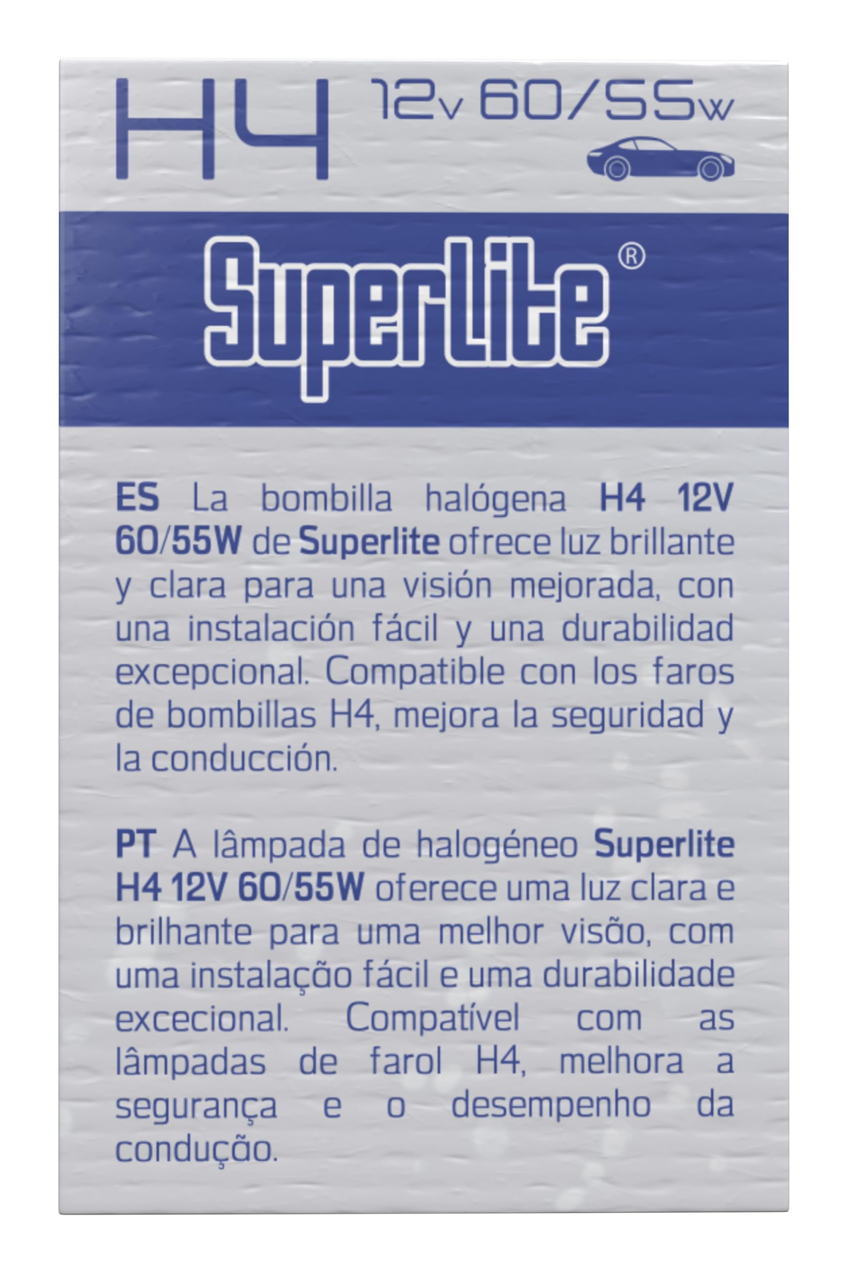 Lampadina alogena Superlite H4 12V 60/55W Per i fari principali della gamma Night Vision. Omologazione E1 R37/03, certificazione RoHs e CE. Durata e luminosità eccezionali.