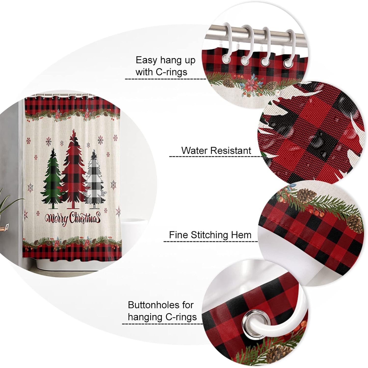 Shower Curtain 72 inches Long Merry Christmas Buffalo Check Plaid Tree Polyester Fabric Shower Curtain with Hooks,Waterpoof Shower Curtains for Bathroom Showers and Bathtubs 72" Wx72 L
