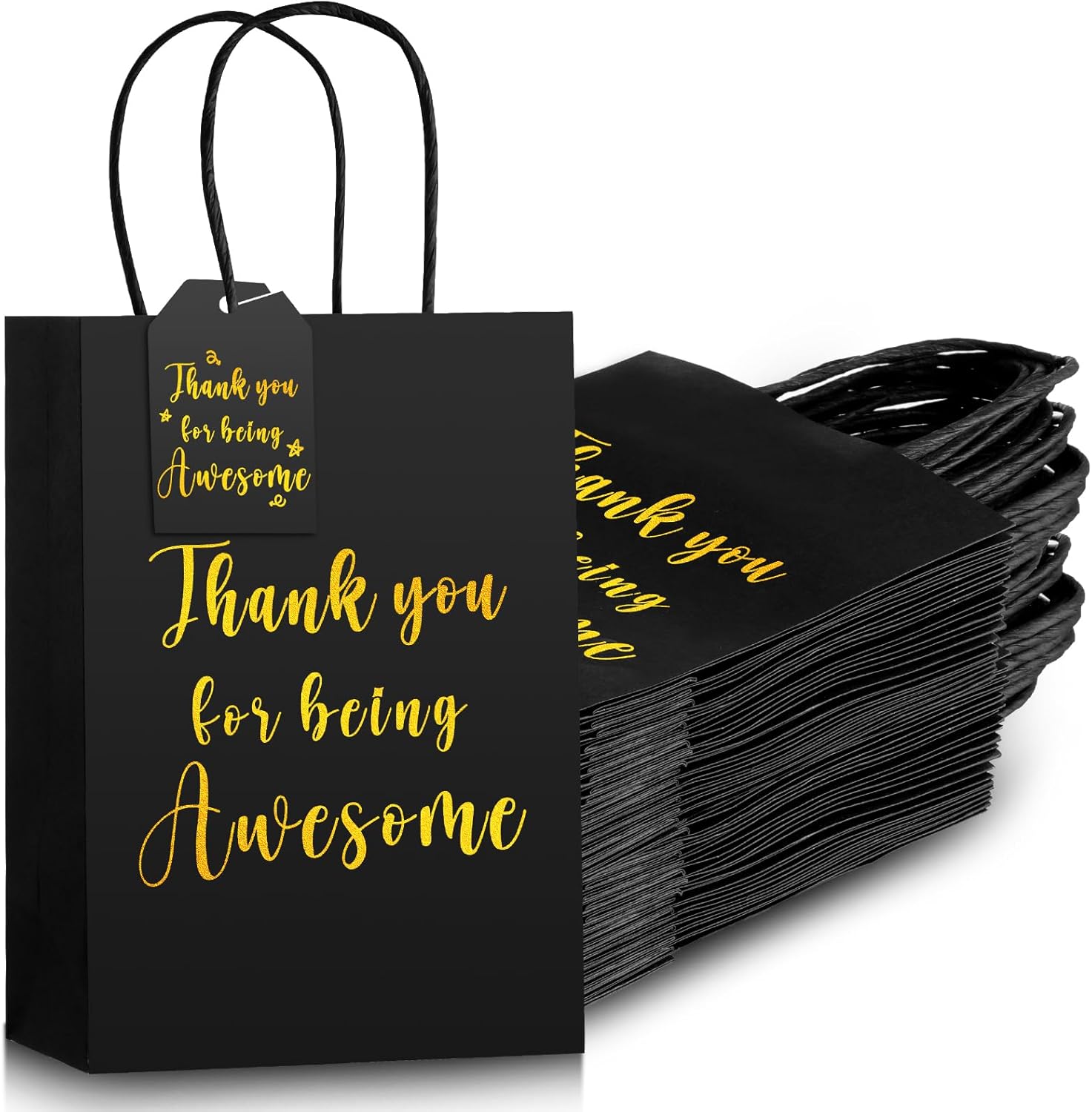 Fulmoon 48 Pcs Thank You Gift Bags with Handles 5.9 x 3.15 x 8.27 Inch Black Kraft Paper Sacks with 50 Gift Tags Thank You for Being Awesome Goodie Bags for Christmas, Business(Black)