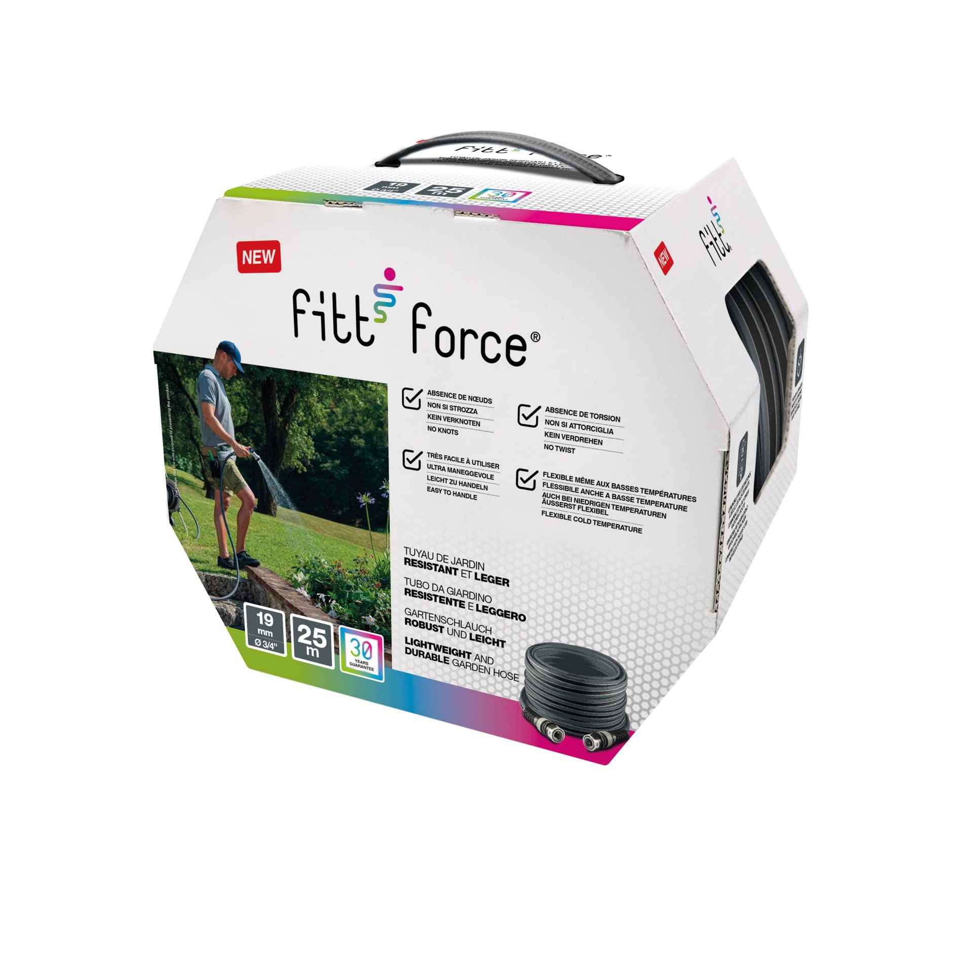 FITT FORCE 3/4" 25 m – Manguera de jardín plana y compacta; Tecnología innovadora; Ligera y resistente; Anti-torsión; Alta durabilidad; Ideal para riego intensivo; Made in Italy