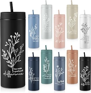 Rtteri 10 Pcs Employee Appreciation Gifts Valentines Thank You Cups 16oz Plastic Skinny Tumblers with Lid and Straw for Thanksgiving Coworker Staff Team Teacher(Neutral Color,Aesthetic)