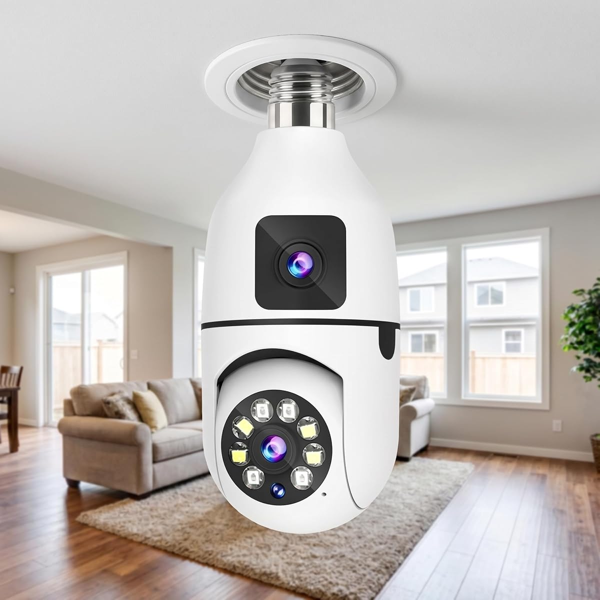 WiFi 1080P HD Camera with Bulb for Remote Surveillance Indoor Security Camera 360°Binocular Surveillance Panoramic Rotation Full-Colour Night Vision W/2-Way Audio Siren Motion Detection White