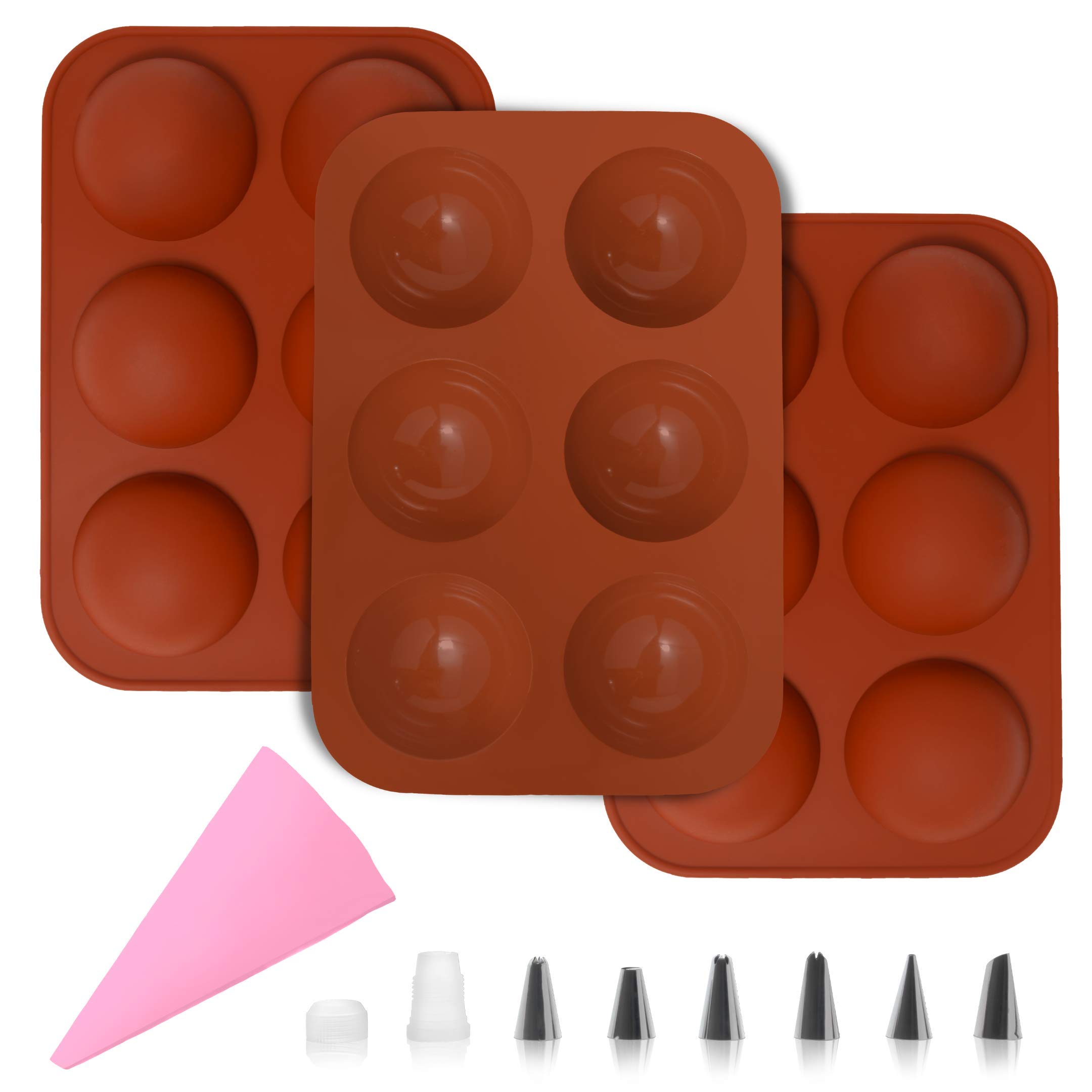 3 Piece Semi Sphere Baking Mold for Making Hot Chocolate Bombs, Cake Pops, Jelly Domes, Dome Mousse, with BONUS Reusable EVA Food Grade Piping Bag and Stainless Steel Piping Tips