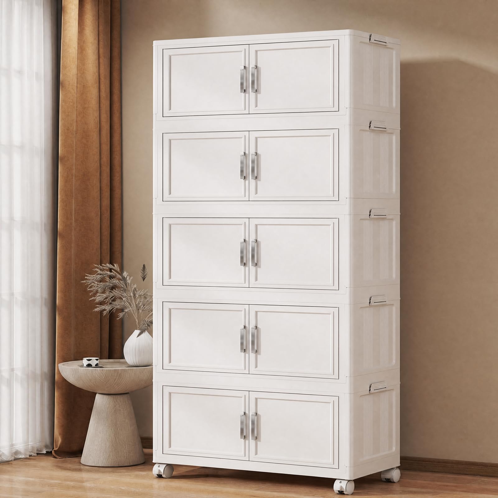 Naviconvex Storage Boxes with Lid, 60L*5 Tier Plastic Storage Box with 1 Lid, Foldable Boxes, Stackable Drawers with Wheels, Plastic Box Organiser for Office Supplies/Snacks/Books/Clothes