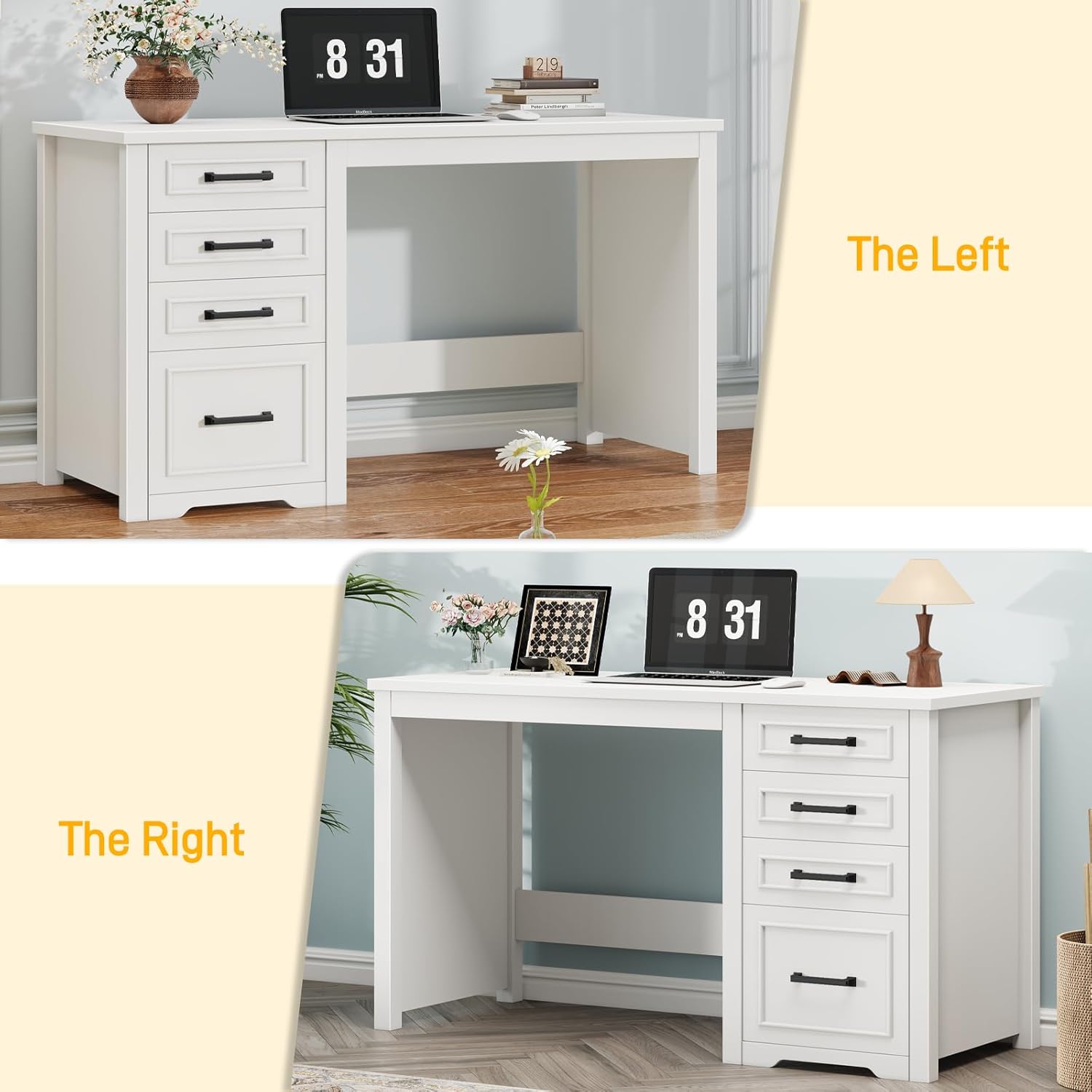 Vabches Farmhouse 49” Executive Desk with File Drawer, 4 Drawers Reversible Computer Desk with Storage, Rustic Home Writing Workstation for Home Office, Cream White