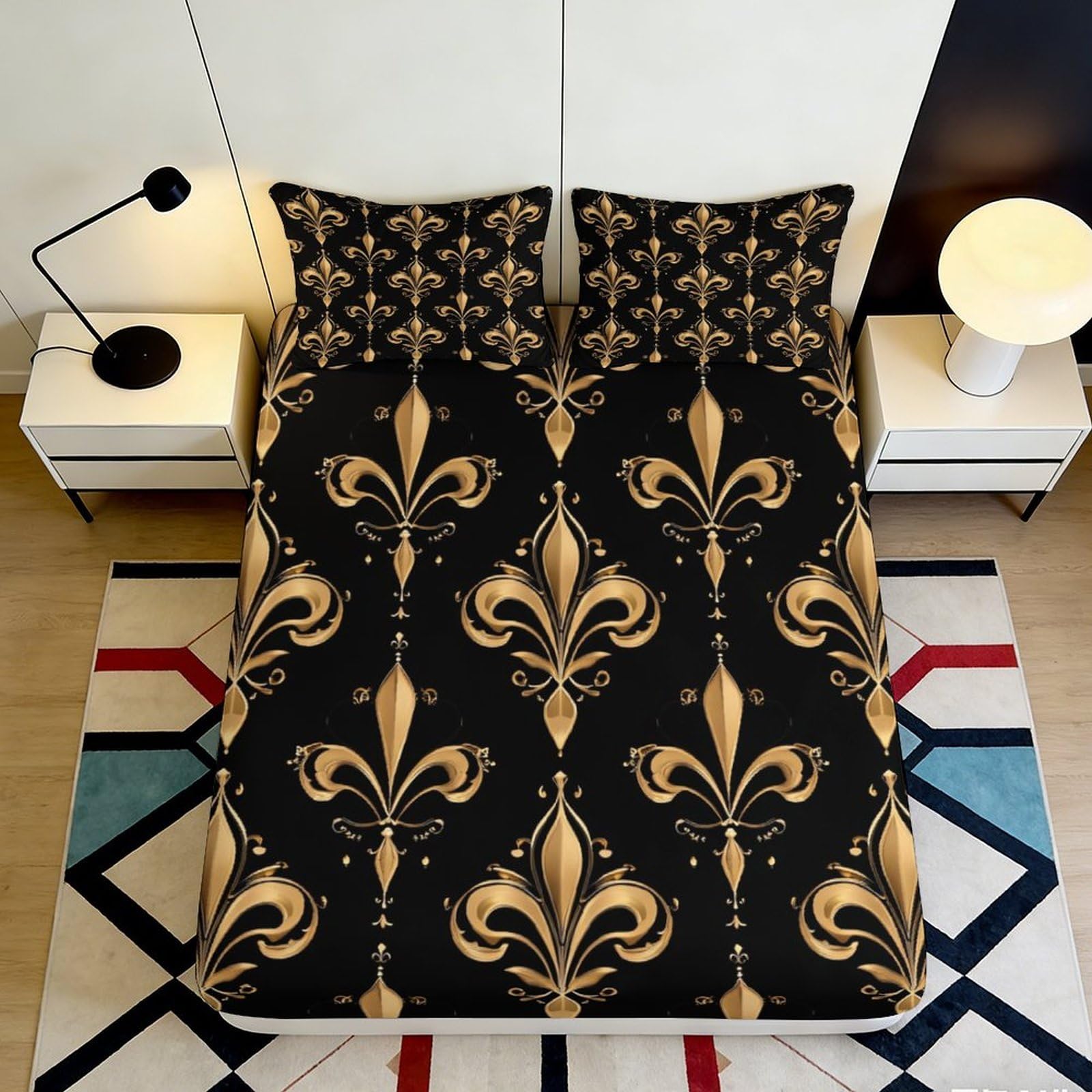 Kzqjxnhpcr Style-9 3D Printed Fleur-De-Lis Fitted Sheet Microfiber Deep Pocket Non-Slip Bedding Set Fleur-De-Lis Mattress Fitted Cover Elastic Hem Washable For Home 90X200x25cm 90X200x25cm