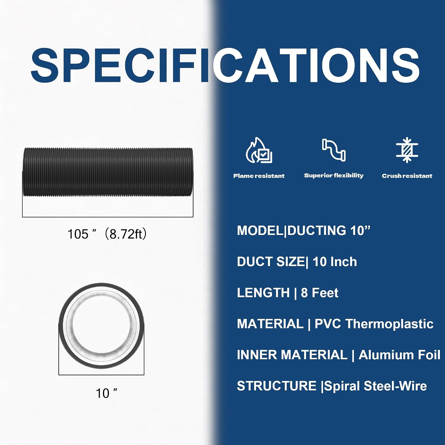 Dryer Vent Hose | Flexible Aluminum Duct with 2 Clamps | Heavy-Duty Four Layer Protection for HVAC Ventilation Exhaust | for Grow Tent Duct Fan and Air Circulation Systems (10 Inch, 8 Feet)