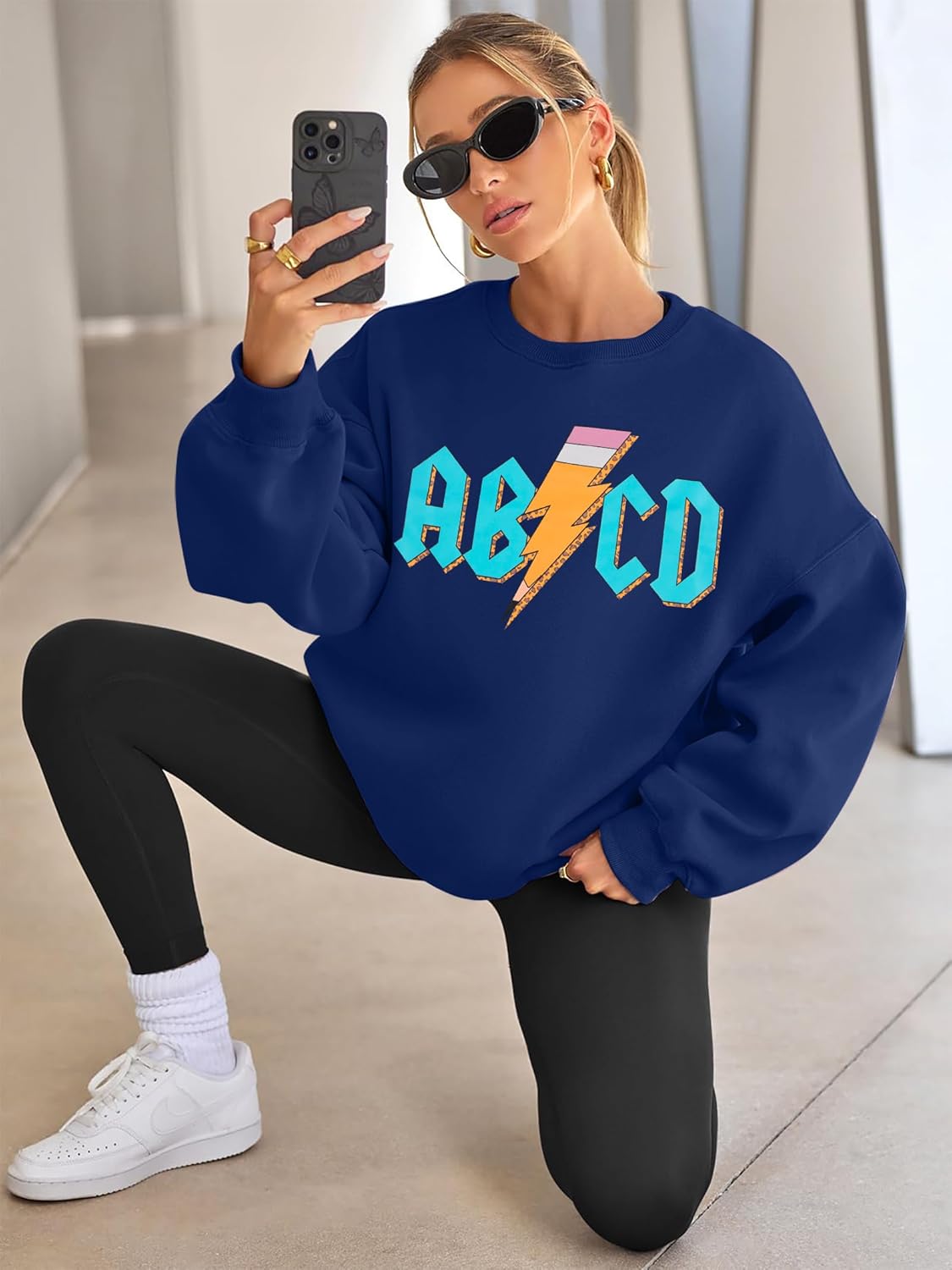MAXIMGR Teacher Sweatshirt Women Oversized Rock'n Roll Sweatshirt ABCD Alphabet Graphic Back to School Pullover Top