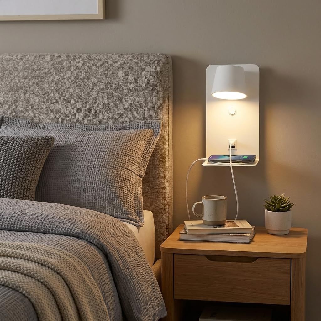BARCELONA LED applique da parete LED bianca con USB e USB-C, lampada da lettura 6W orientabile 350°, con mensola per telefono, luce calda 2700K, per camera da letto, ufficio, scale, sala pranzo