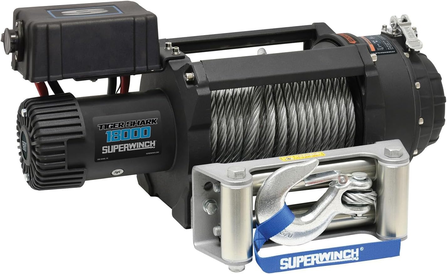Superwinch 1518000 Tiger Shark 18000 12V DC Winch 18,000lb/8165kg Single Line Pull with Roller Fairlead, 29/64" x 80' Steel Wire Rope, Corded Handheld Remote