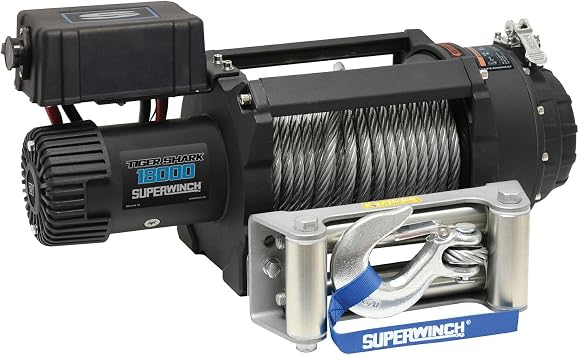 Superwinch 1518000 Tiger Shark 18000 12V DC Winch 18,000lb/8165kg Single Line Pull with Roller Fairlead, 29/64 x 80' Steel Wire Rope, Corded Handheld Remote