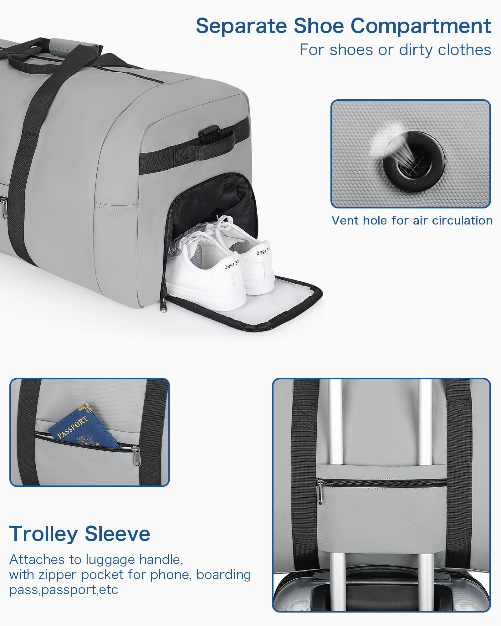 Borsone da viaggio per uomini e donne, grande borsone da viaggio da 86,4 cm, con scomparto per scarpe, borsone da viaggio pieghevole, impermeabile e resistente agli strappi (80 L, 120 L), Grigio, 80L